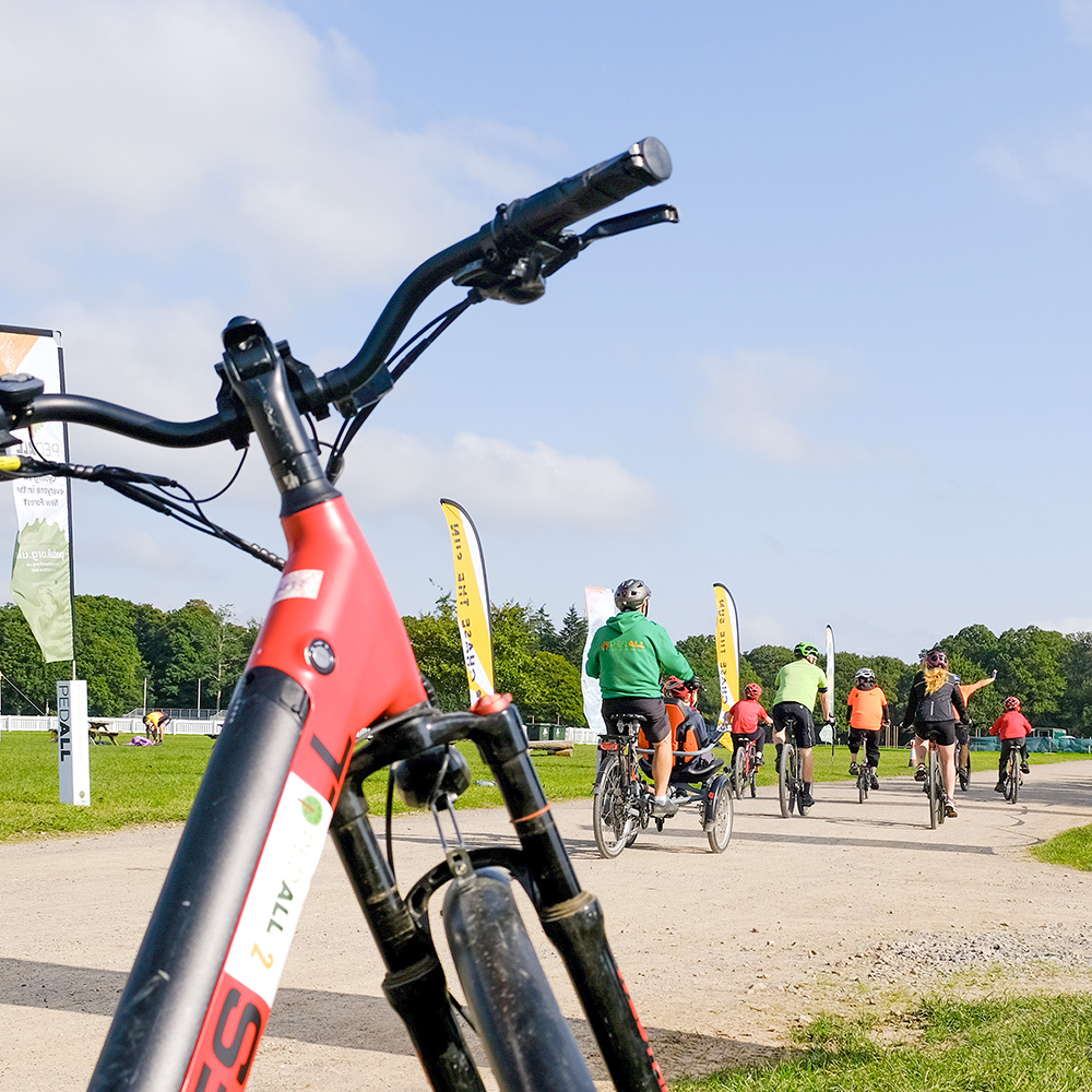 A picture of a bike with people cycling in the background on a sunny day